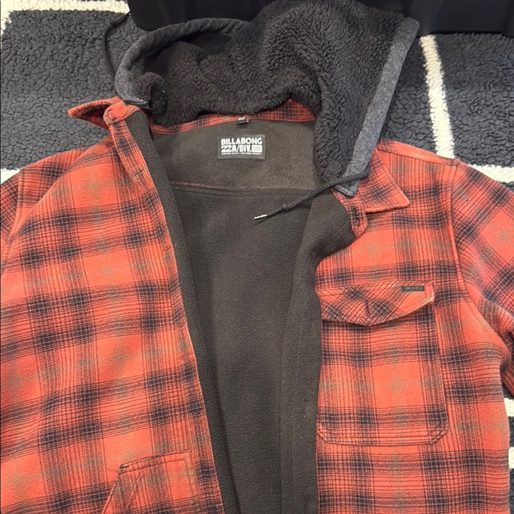 Billabong Red and Black Checkered Hoodie Adventure Division